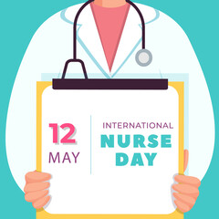 International nurse day vector design. Nurse or doctor holds the patient card in the hands. 12th May. Vector illustration. Medical help and care concept. Thank you doctor card.