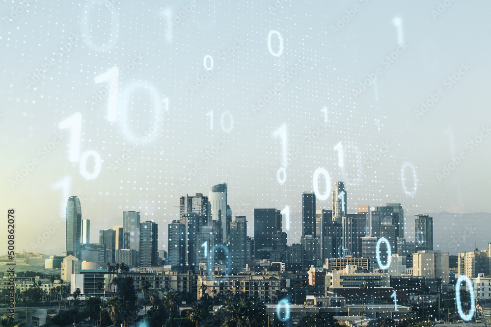 Leinwandbilder Double exposure of abstract virtual binary code hologram on Los Angeles city skyscrapers background. Database and programming concept