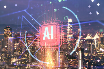 Double exposure of creative artificial Intelligence abbreviation hologram on San Francisco office buildings background. Future technology and AI concept