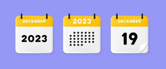 calendar icon. December. 2023 19 day. The concept of waiting for an important date. Calendar with raised pages. Yellow calendar isolated on purple background. 3d vector illustration.