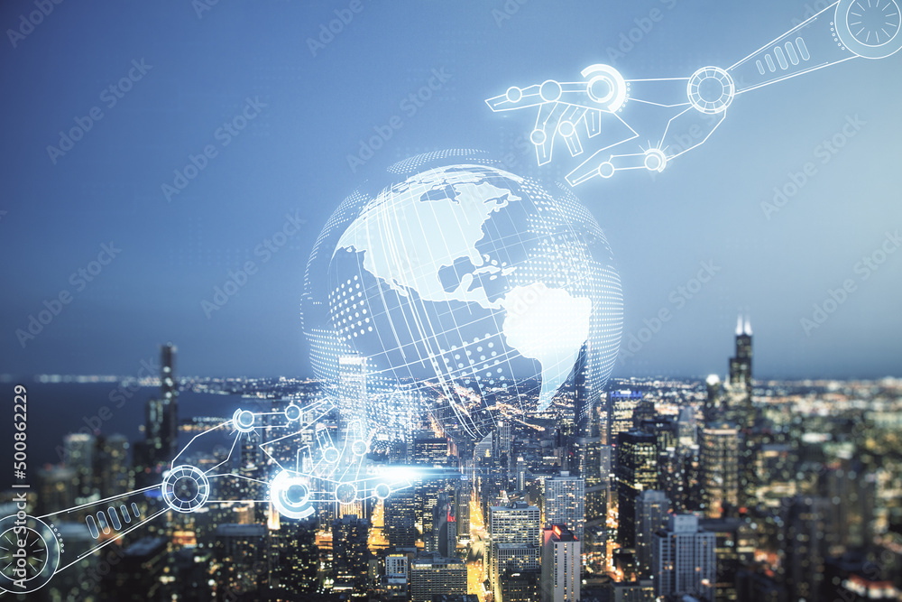 Aufkleber abstract virtual robotics technology hologram with globe on chicago cityscape background, artificial