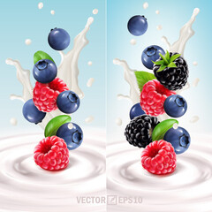 3D realistic set of falling wild berries in yogurt or milk, blueberries, raspberries, cranberries