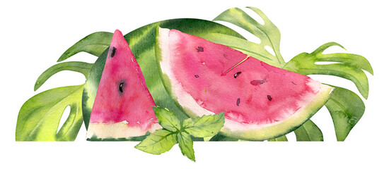 Hand drawn watercolor juicy watermelon slice.