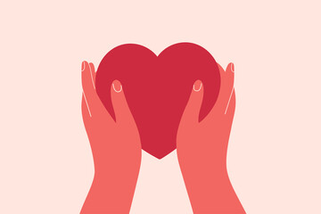 Two hands hold big red heart. Concept of love, charity, philanthropy and donation. Vector illustration - 500862483