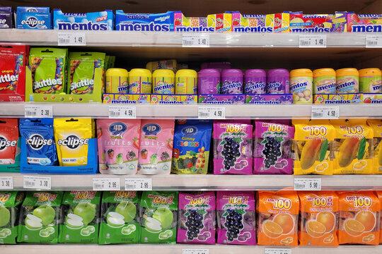 SELANGOR, MALAYSIA - 28 FEB 2022: Various choices of sweet candy display on shelf in Jaya grocery Store.
