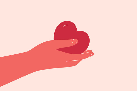 Human Hand gives to someone big red heart. Concept of love, charity, philanthropy and donation. Vector illustration