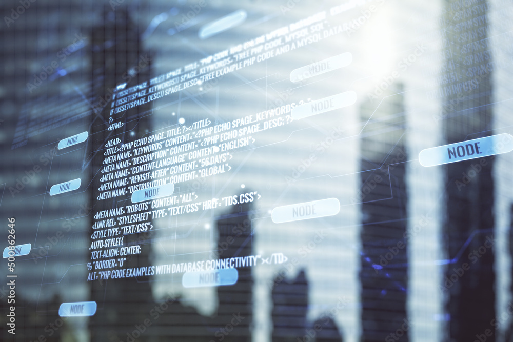 Poster multi exposure of abstract graphic coding sketch on modern architecture background, big data and net