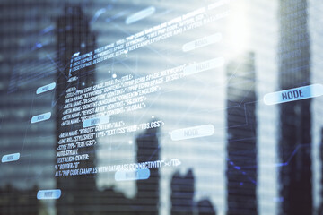 Multi exposure of abstract graphic coding sketch on modern architecture background, big data and networking concept