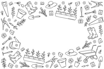 Garden tools and plants, a set of vector doodle illustrations. Concept gardening, a summer hobby.