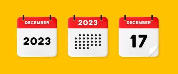 Calendar icon. December. 2023 17 day. The concept of waiting for an important date. Calendar with raised pages. Red calendar isolated on yellow background. 3d vector illustration. - obrazy, fototapety, plakaty