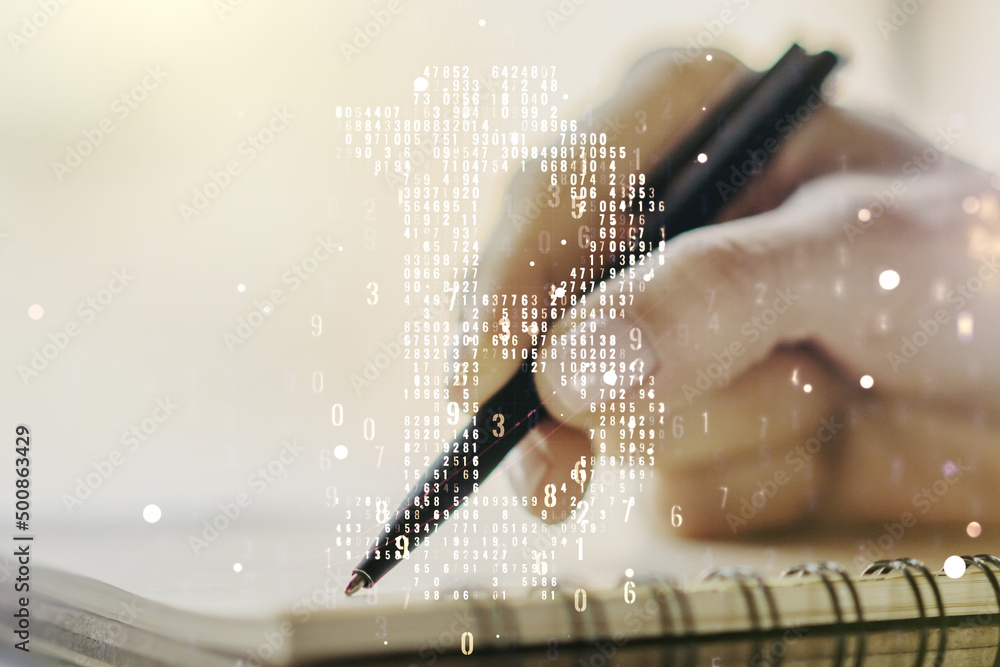 Aufkleber double exposure of creative bitcoin symbol hologram with woman hand writing in notepad on background