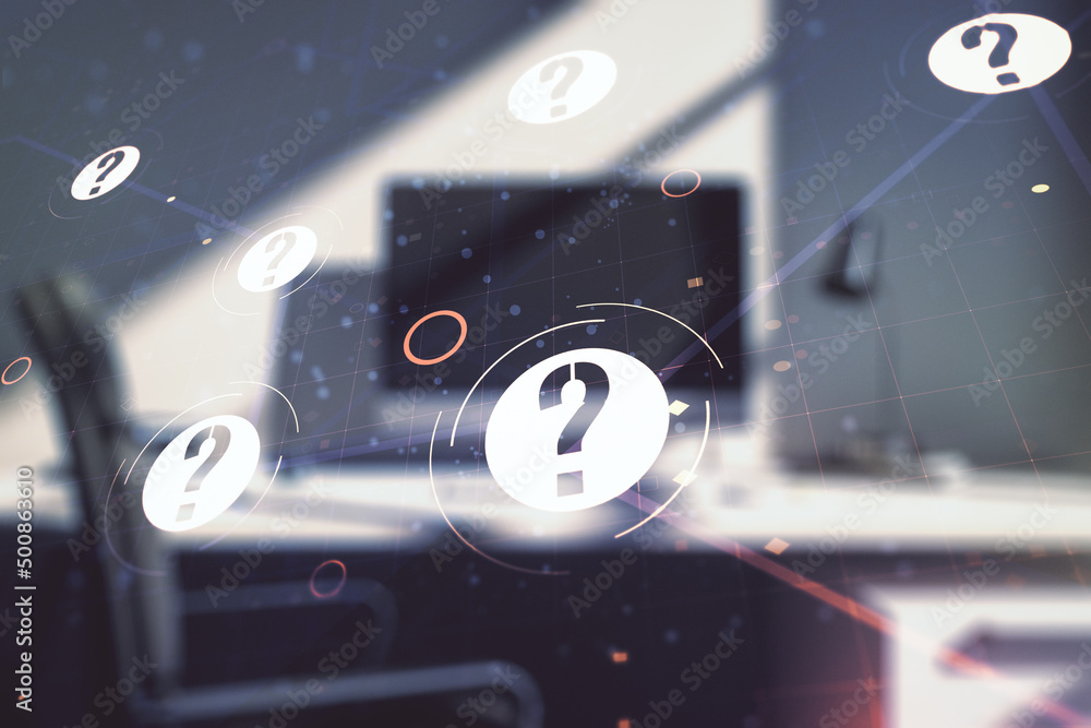 Aufkleber creative abstract question mark hologram and modern desktop with pc on background, future technology