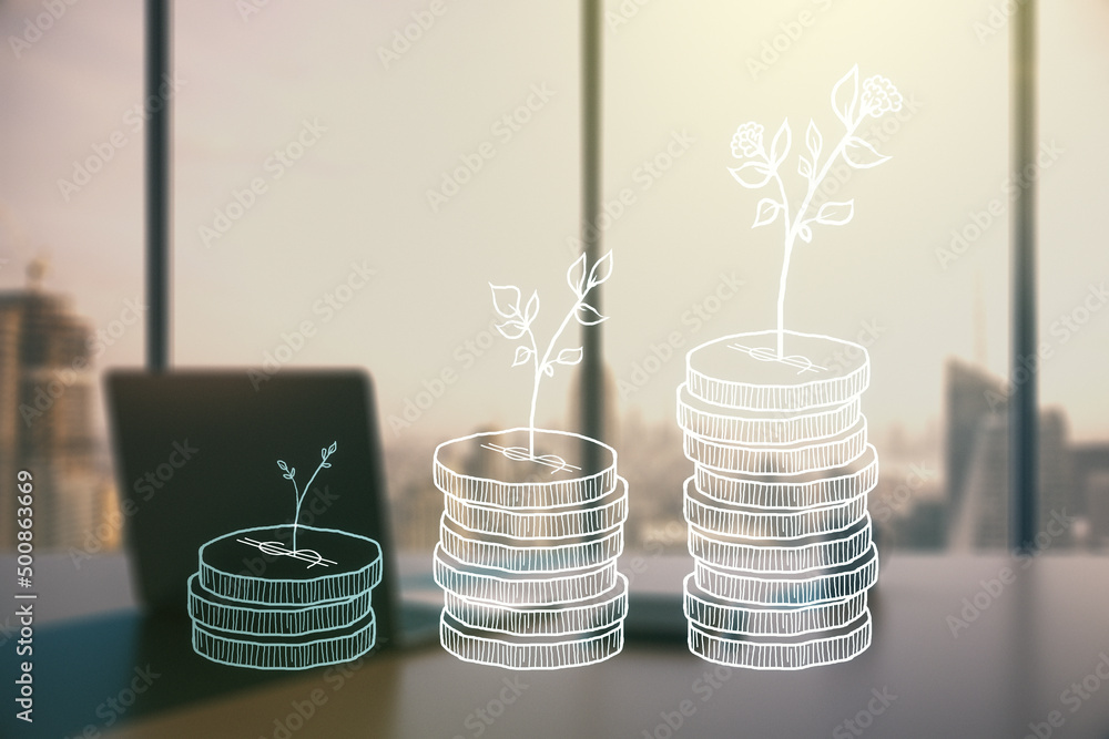 Poster creative abstract money savings sketch and modern desk with computer on background, accumulation and