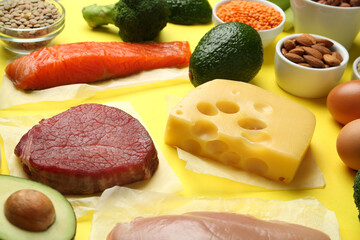 Set of products rich in amino acids on yellow background