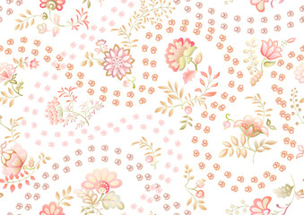 Cute fantasy flowers with cat paw prints. Animal and floral motif. Millefleurs trendy floral design. Seamless pattern, background. Vector illustration. Gradients colors