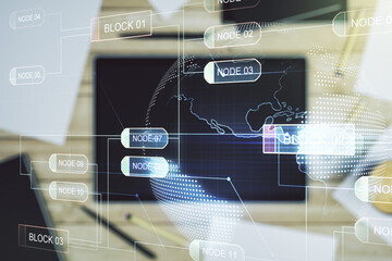 Double exposure of abstract programming language hologram with world map and digital tablet on background, top view, research and development concept