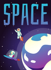 Astronaut kid cartoon characters in spacesuit flies in zero gravity on poster