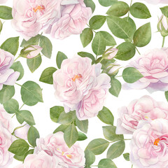 Hand drawn watercolor seamless pattern with pink rose flowers.