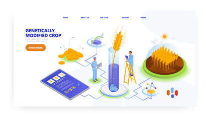 Genetically modified crop, landing page design, website banner vector template. GMO wheat research in science lab. - obrazy, fototapety, plakaty