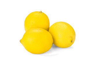 three lemons. Composition with three lemons isolated on white background. Fresh lemons have high vitamin C and delicious sour taste for lemonade or cooking. Citrus or citron fruit concept.