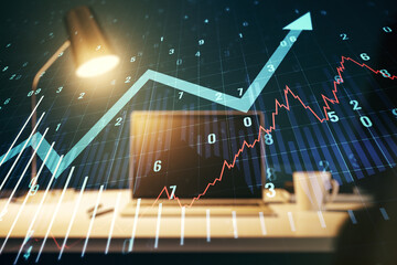 Multi exposure of abstract financial graph with upward arrow on modern computer background, financial and trading concept