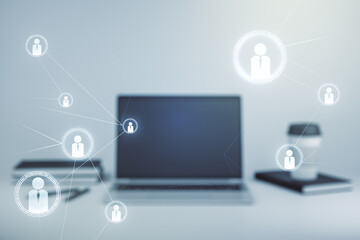 Double exposure of social network icons concept with computer on background. Networking concept