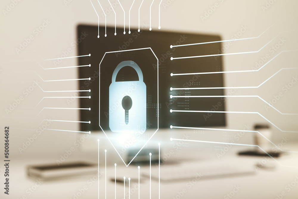 Poster creative light lock illustration with microcircuit on modern computer background, cyber security con