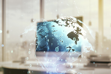 Multi exposure of abstract creative coding sketch with world map on modern laptop background, artificial intelligence and neural networks concept