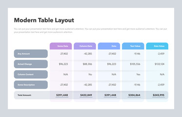 Modern table layout template with a total amount row. Flat design, easy to use for your website or presentation.