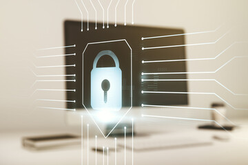 Creative light lock illustration with microcircuit on modern computer background, cyber security concept. Multiexposure