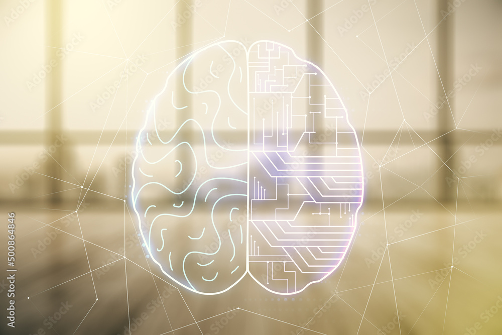 Poster Double exposure of creative artificial Intelligence interface on empty modern office background. Neural networks and machine learning concept