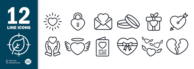 Love icons set. Rings, heart-shaped padlock, gift, love letter, gift box. Vector eps 10