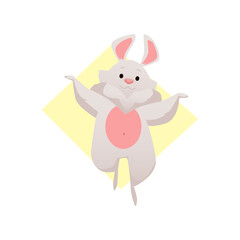 Funny gray rabbit is dancing. Cute happy and cheerful bunny, vector flat illustration isolated on white background.