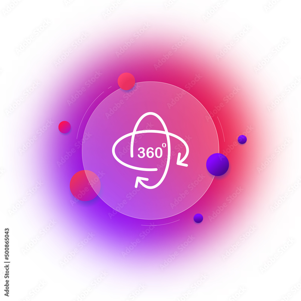 Poster icon 360. 3d objects. orientation in space. gradient blur button with glassmorphism. clear glass des