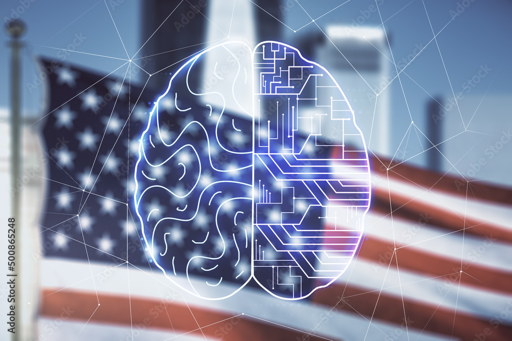 Aufkleber Virtual creative artificial Intelligence hologram with human brain sketch on US flag and skyline background. Double exposure