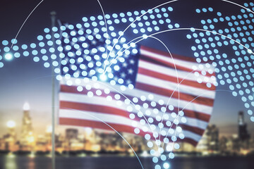 Double exposure of abstract digital world map hologram with connections on US flag and city...