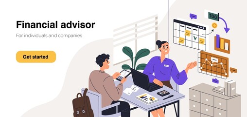 Fototapeta premium Financial advisor landing page. Website template of finance agent, money consultant. Accounting consultancy, online accountant expert service for tax law literacy. Flat graphic vector illustration