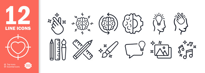 Brain work icons set. New ideas. Thinking about decisions. Making decisions. Inspiration. Neomorphism style. vector eps 10.