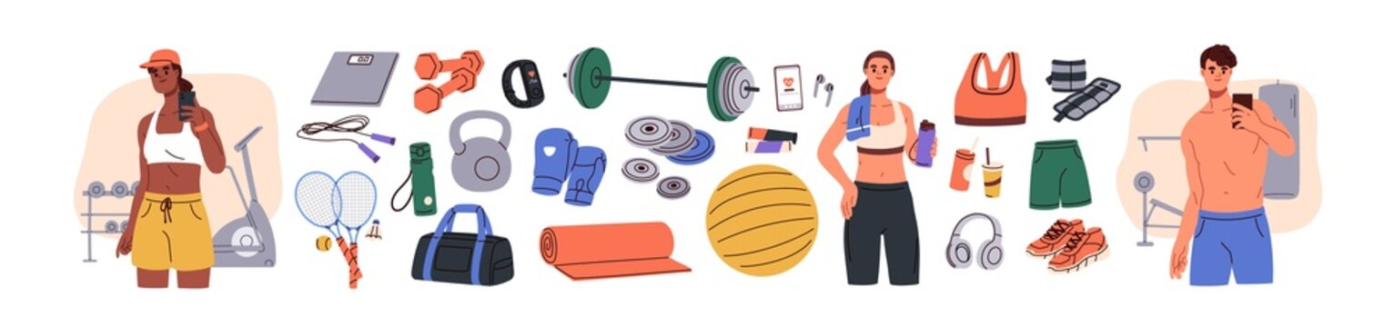 Sport equipment, gym accessory, people athlete set. Dumbbell, barbell, fitness ball, yoga mat, bag, sportswear for training. Workout stuff bundle. Flat vector illustration isolated on white background
