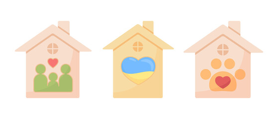 Facilities providing relief to refugees and pets semi flat color vector object set. Full sized items on white. Simple cartoon style illustration collection for web graphic design and animation