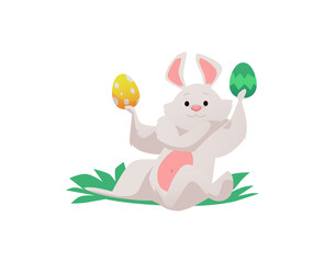 Easter cheerful rabbit holding colored eggs, flat vector illustration isolated.