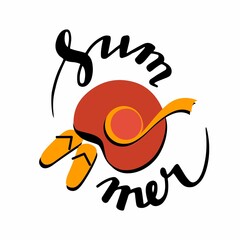 Calligraphic lettering with dynamic text placement around summer holiday items. Combination of simple shapes with handwritten text. Illustration in flat graphic style. Hello summer