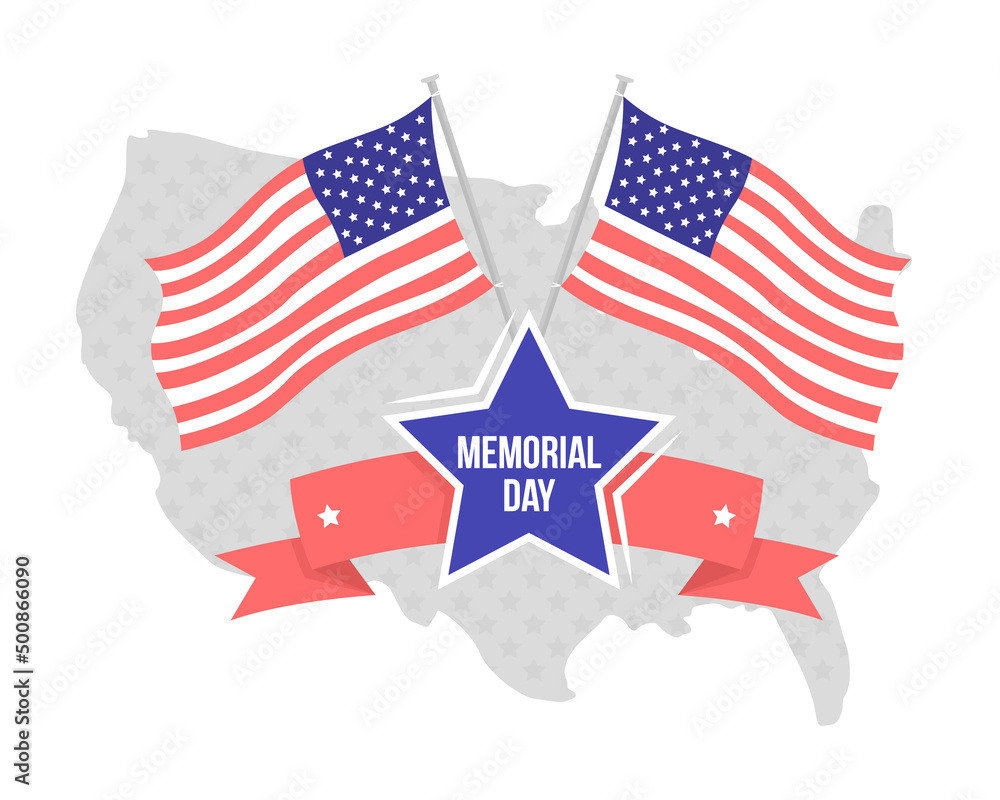 Poster memorial day 2d vector isolated illustration. map of usa and flags flat objects on cartoon backgroun
