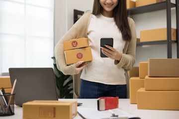 Entrepreneur standing pose holding smartphone and parcel paper cardboard. Female small Business owner with box working at home. Startup freelance people with many parcel on background.