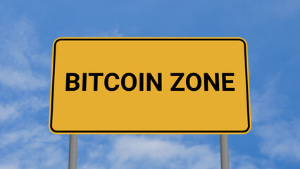 Obraz premium Bitcoin Zone Road Sign on Clear Blue Sky with Rapid Moving Clouds