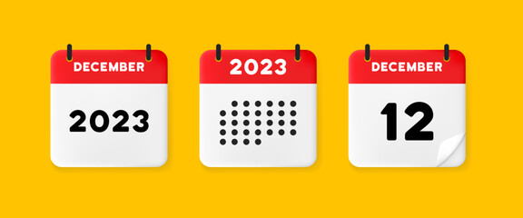 Calendar icon. December. 2023 12 day. The concept of waiting for an important date. Calendar with raised pages. Red calendar isolated on yellow background. 3d vector illustration. - obrazy, fototapety, plakaty