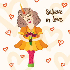 A postcard with a unicorn in love. Believe in love