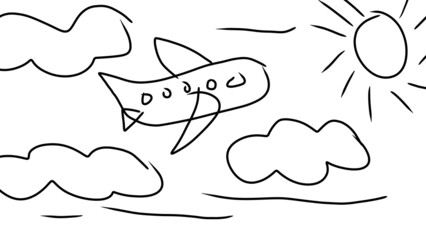 ugly hand drawing made by children - airplanes, clouds and sun