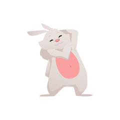 Pleased cartoon rabbit with pink belly flat style, vector illustration
