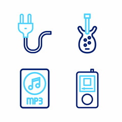 Set line Music player, MP3 file document, Electric bass guitar and plug icon. Vector